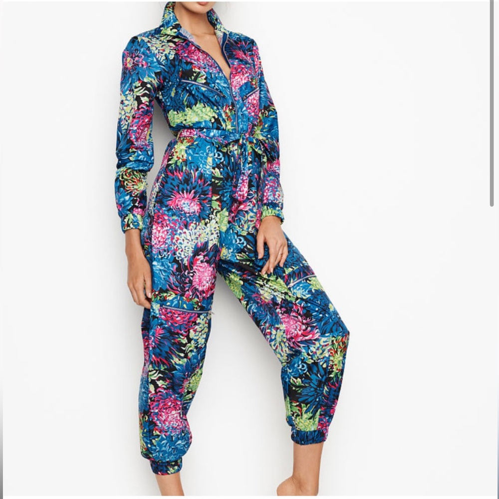 Floral Print Blue Tie-Waist Jumpsuit